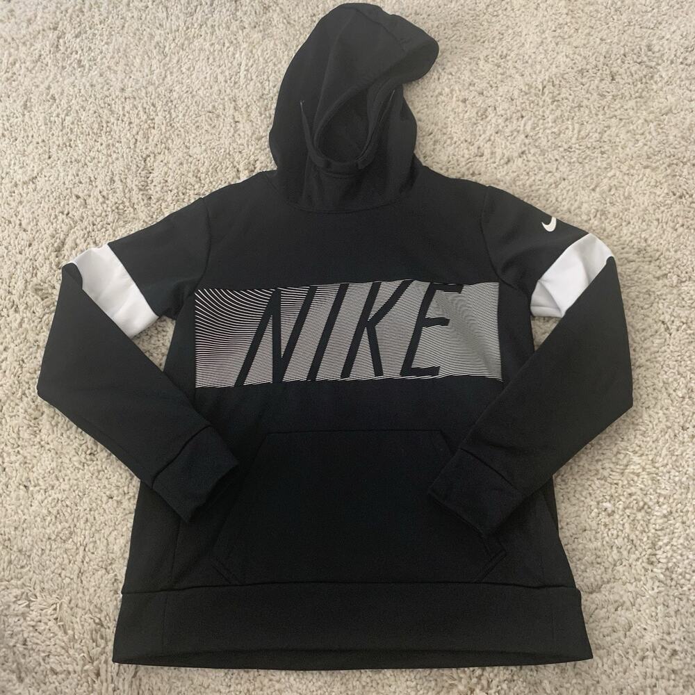 NIKE Graphic Hoodie Womens Small Black Logo Pull-Over Sweatshirt (868750-010)